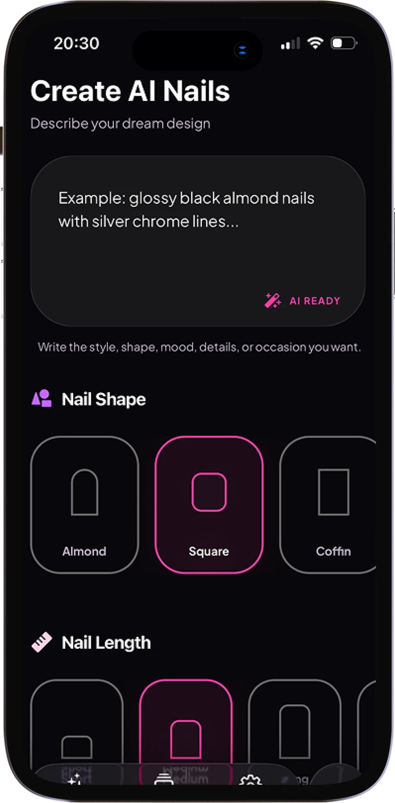 Nailove AI nail design creation screen